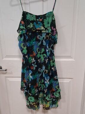 Thalia Sodi Black Spaghetti-Strap Midi Dress with Green and Blue Floral Print